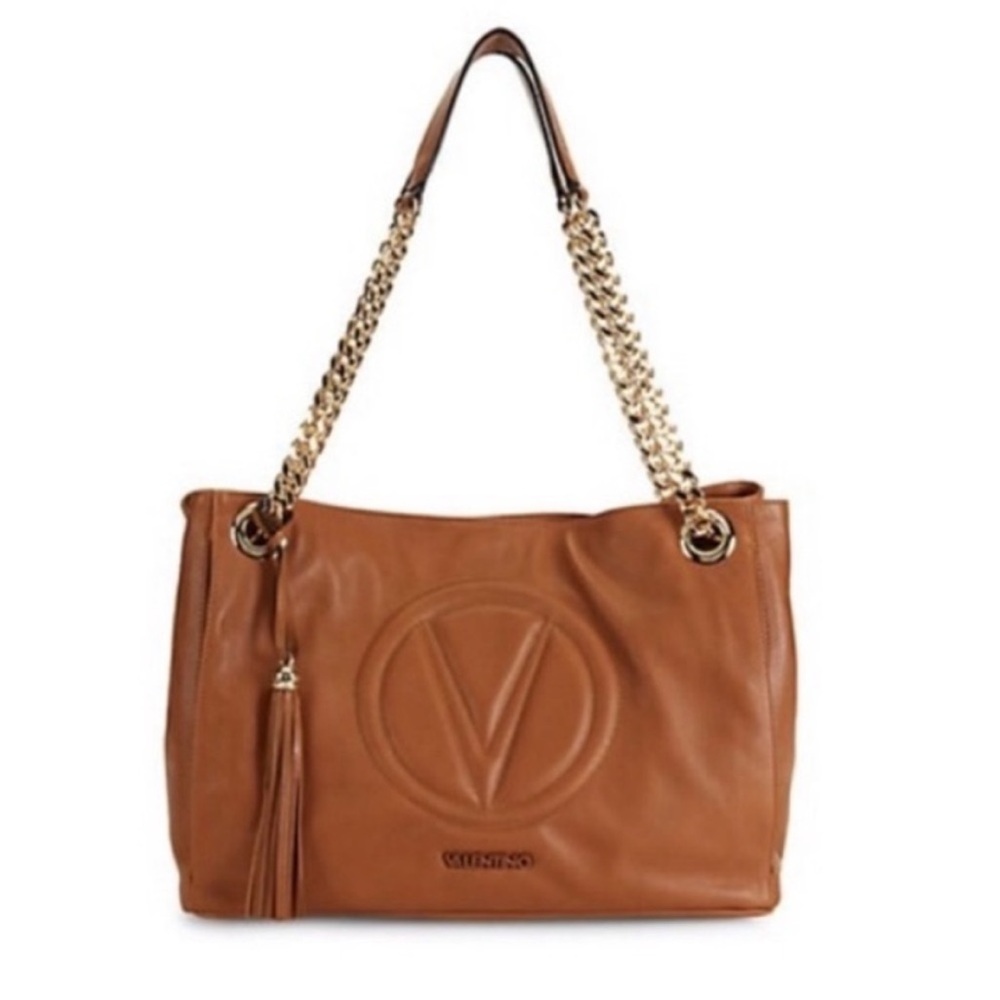Valentino Tan Leather Tote with Gold Chain Straps